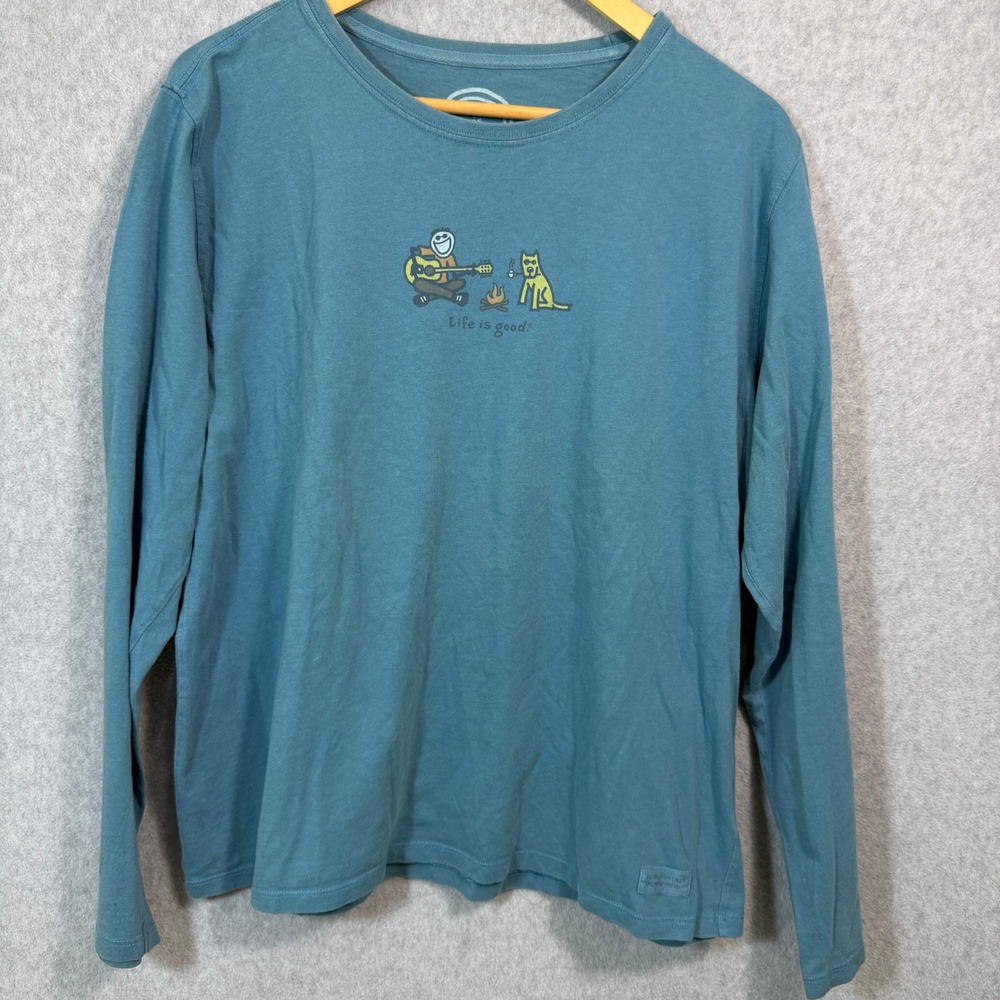 Life is Good Womens Large Blue Long Sleeve Graphic Tee Guitar Campfire Dog Shirt